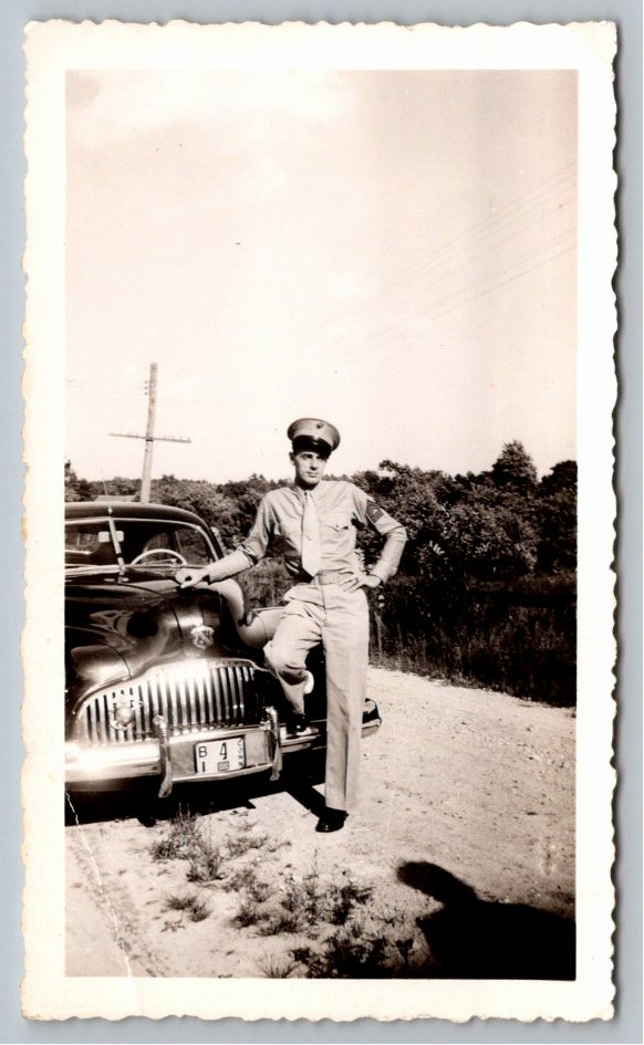 Vintage 1940s WWII USMC Marine & 1942 Buick Automobile Snapshot