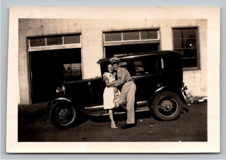Vintage 1941 B&W Snapshot: WWII-Era Couple with 1928 Ford Model A