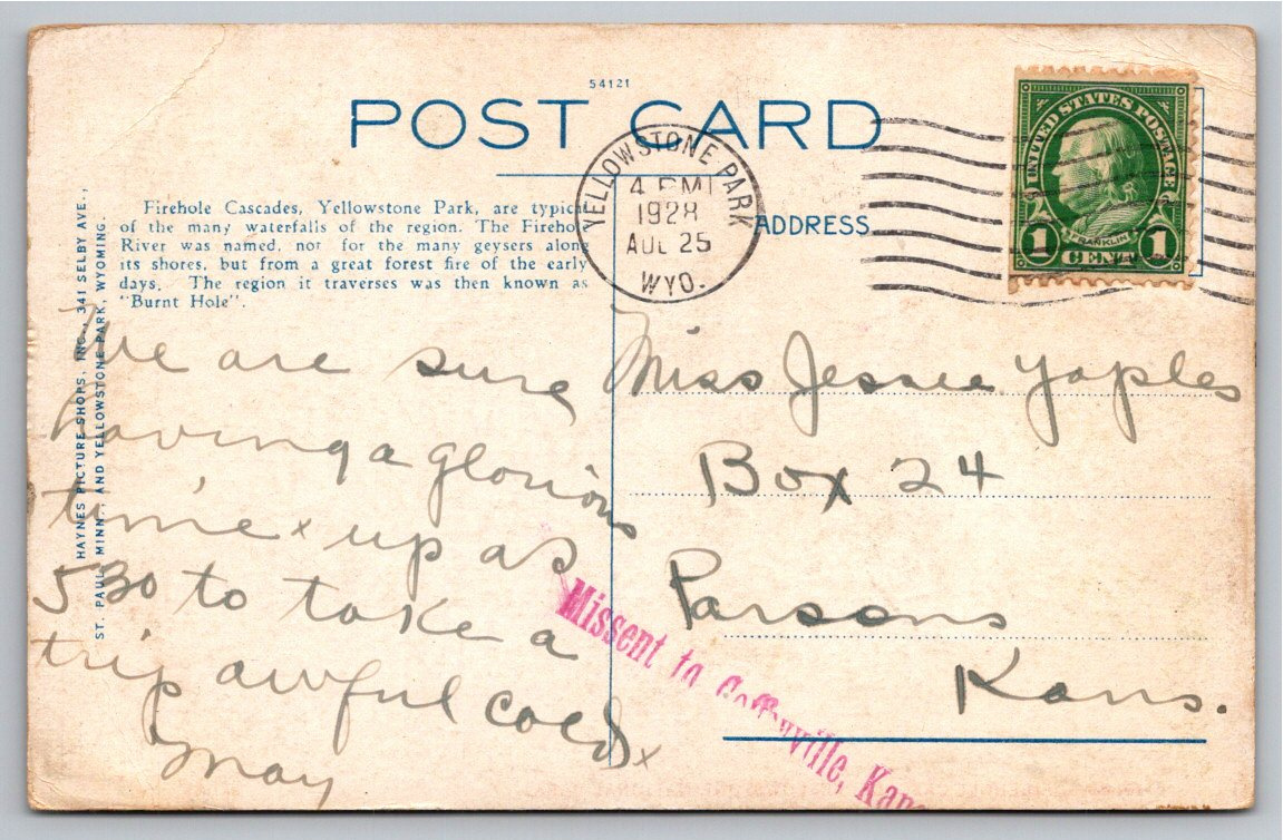 1928 Yellowstone Park Firehole Cascade Haynes Postcard - Back / Reverse View