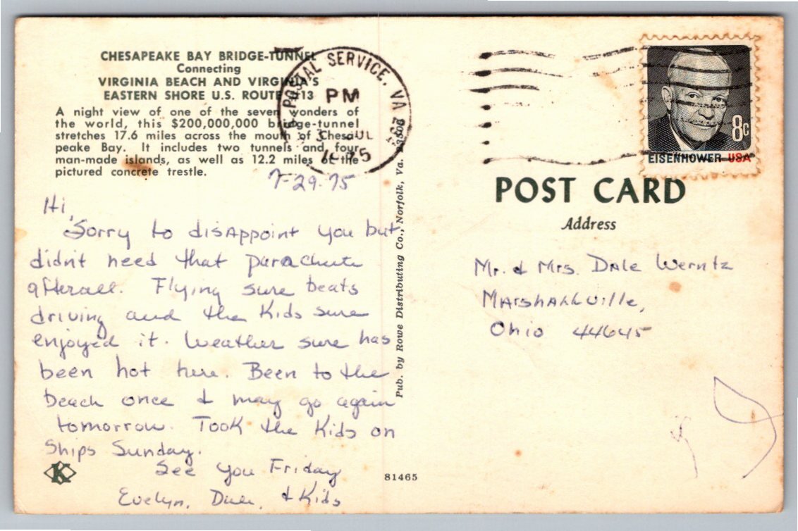 1975 Chesapeake Bay Bridge-Tunnel Night View Vintage Postcard - Back / Reverse View