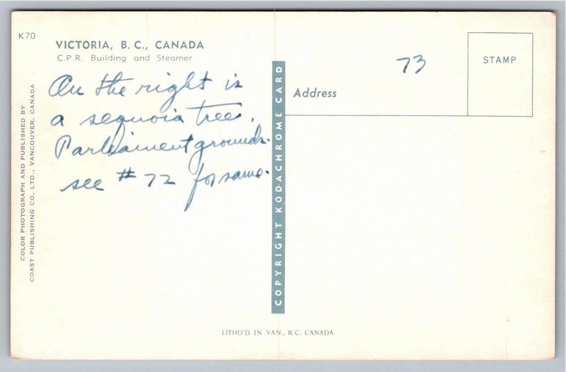 Vintage Victoria BC Postcard: CPR Building & Canadian Pacific - Back / Reverse View