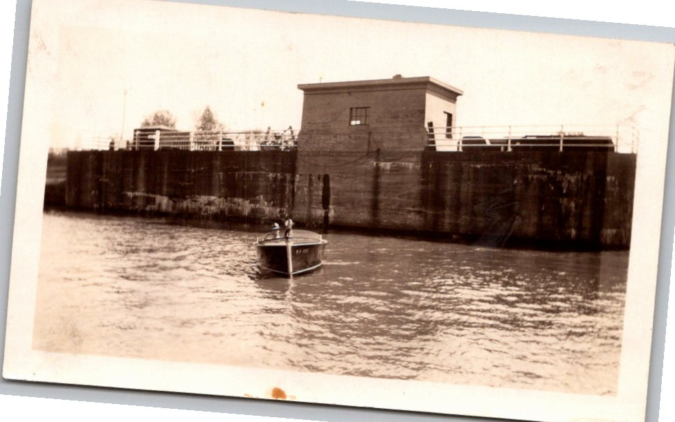 1930s Vintage Speedboat at Canal Lock Original Snapshot Photo