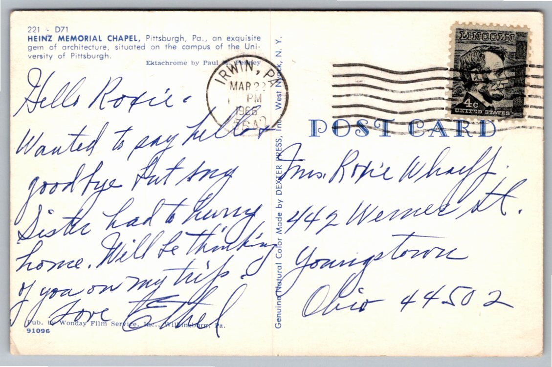 Vintage Heinz Memorial Chapel Pittsburgh Postcard | Dexter Press - Back / Reverse View