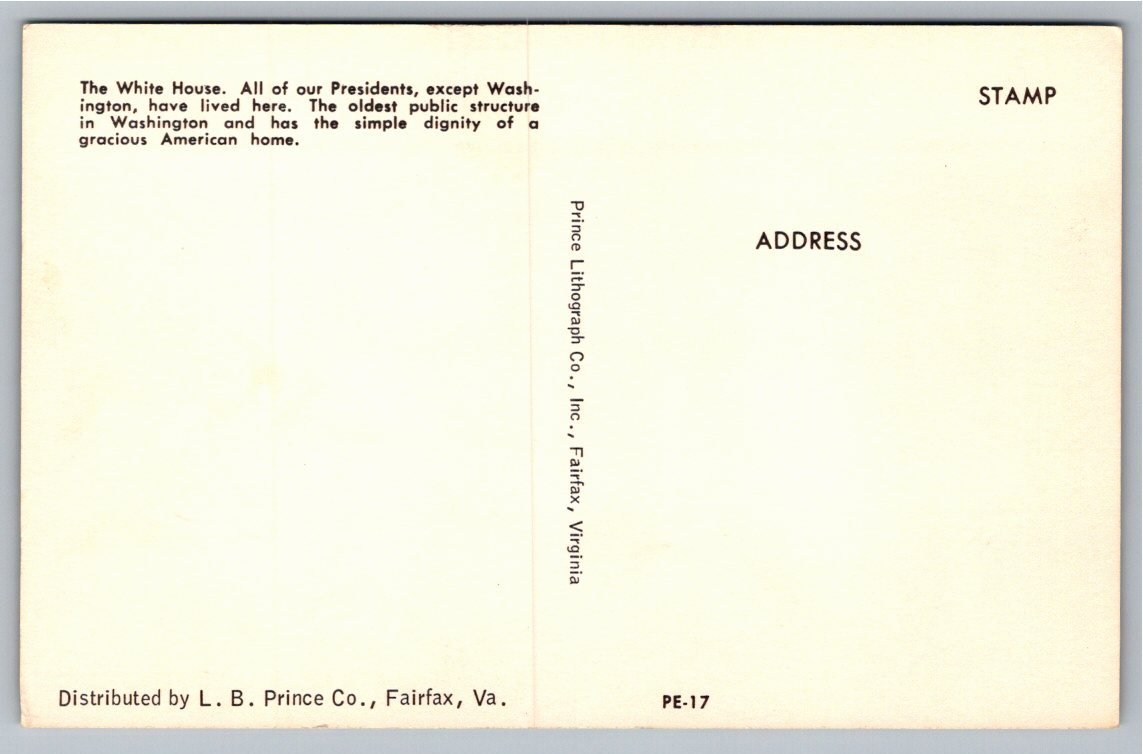 Vintage White House Fountains Postcard: Prince Lithograph PE-17 - Back / Reverse View