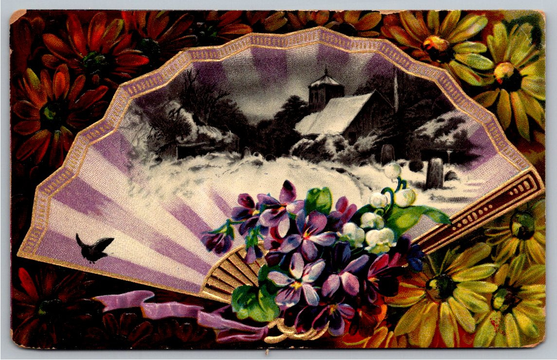 1908 Embossed German Fan Postcard: Winter Church & Floral