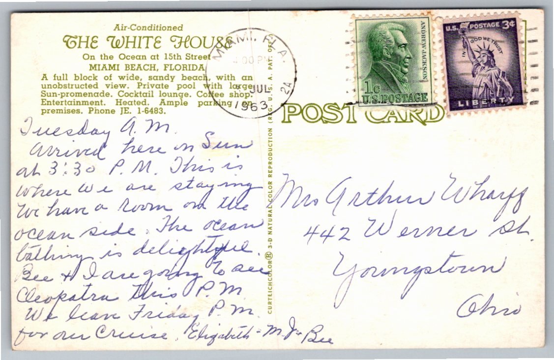 Vintage 1963 Miami Beach White House Hotel Oceanfront Postcard - Back / Reverse View