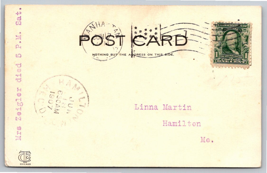 1907 KSAC Main Building Postcard: Anderson Hall, Manhattan Kansas - Back / Reverse View