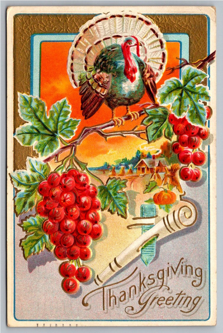 1910 Antique Embossed Thanksgiving Turkey & Harvest Vintage