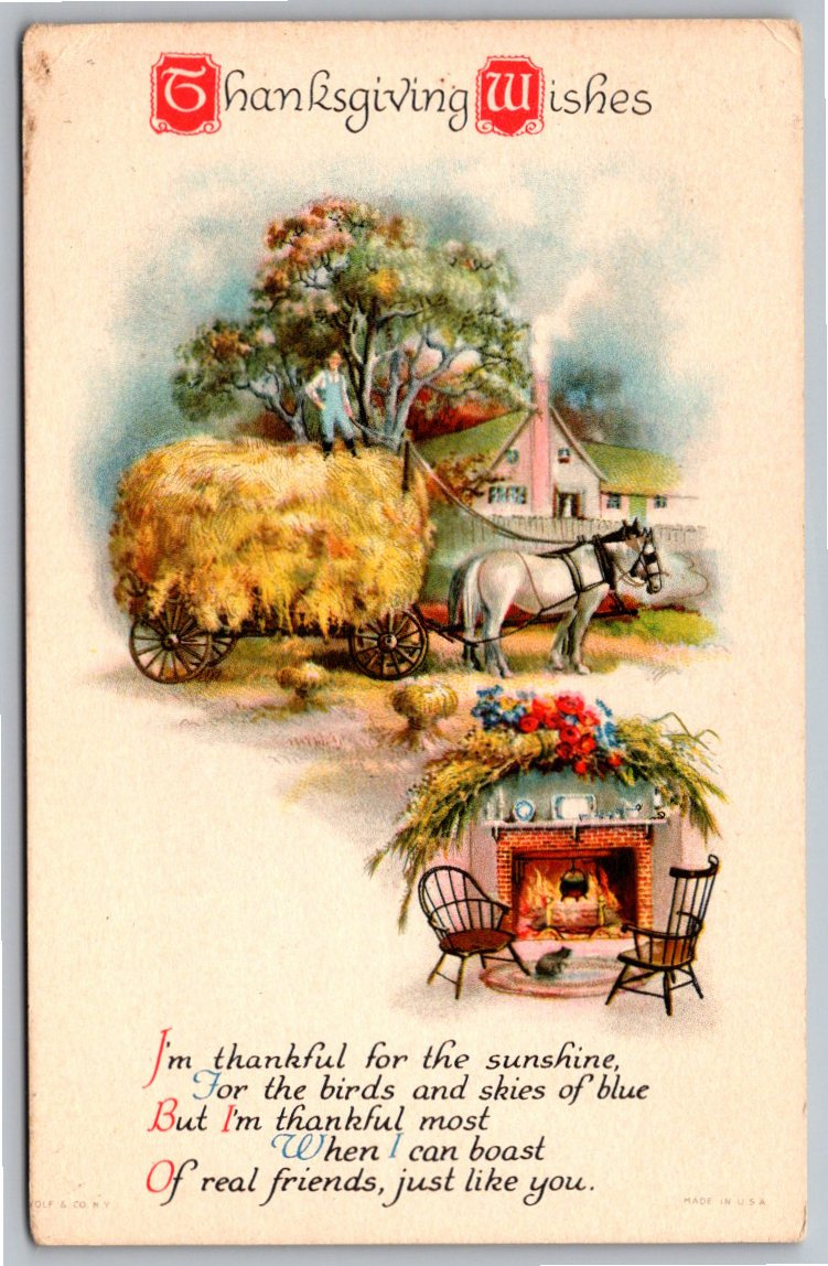 1910s Thanksgiving Wishes Vintage Postcard: Hay Wagon & Hearth