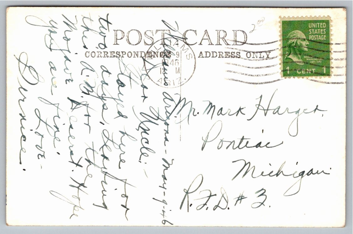 1946 Grand Canyon Lodge RPPC Postcard: Frashers Fotos North Rim - Back / Reverse View