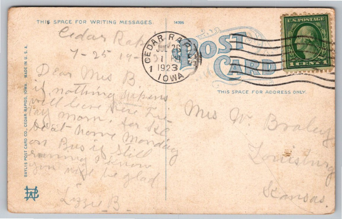 Vintage 1923 Ellis Park Water Pavilion Postcard Cedar Rapids Iowa - Back / Reverse View
