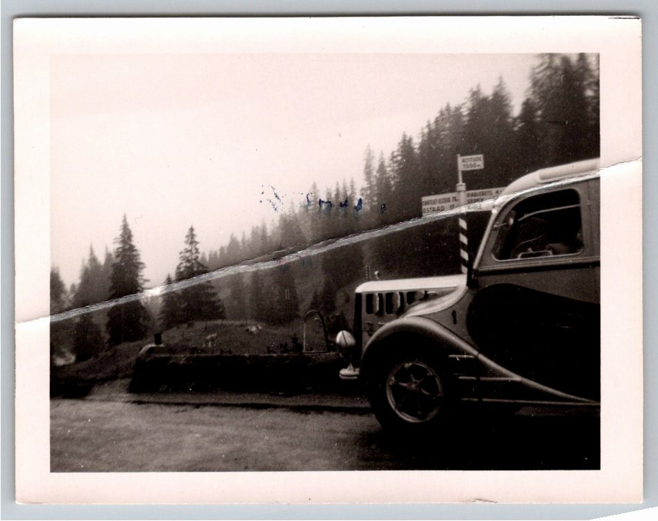 1940s Vintage Swiss Alps Car Photo: Gstaad Mountain Pass Vista