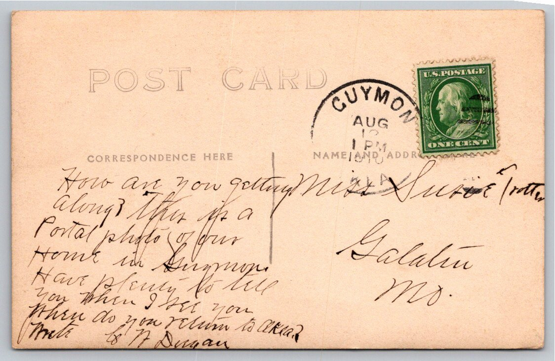 1910 Guymon Oklahoma Victorian House Picket Fence RPPC Postcard - Back / Reverse View