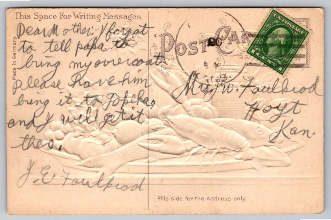Antique Embossed Seafood Still Life Postcard c. 1910 Hoyt Kansas - Back / Reverse View