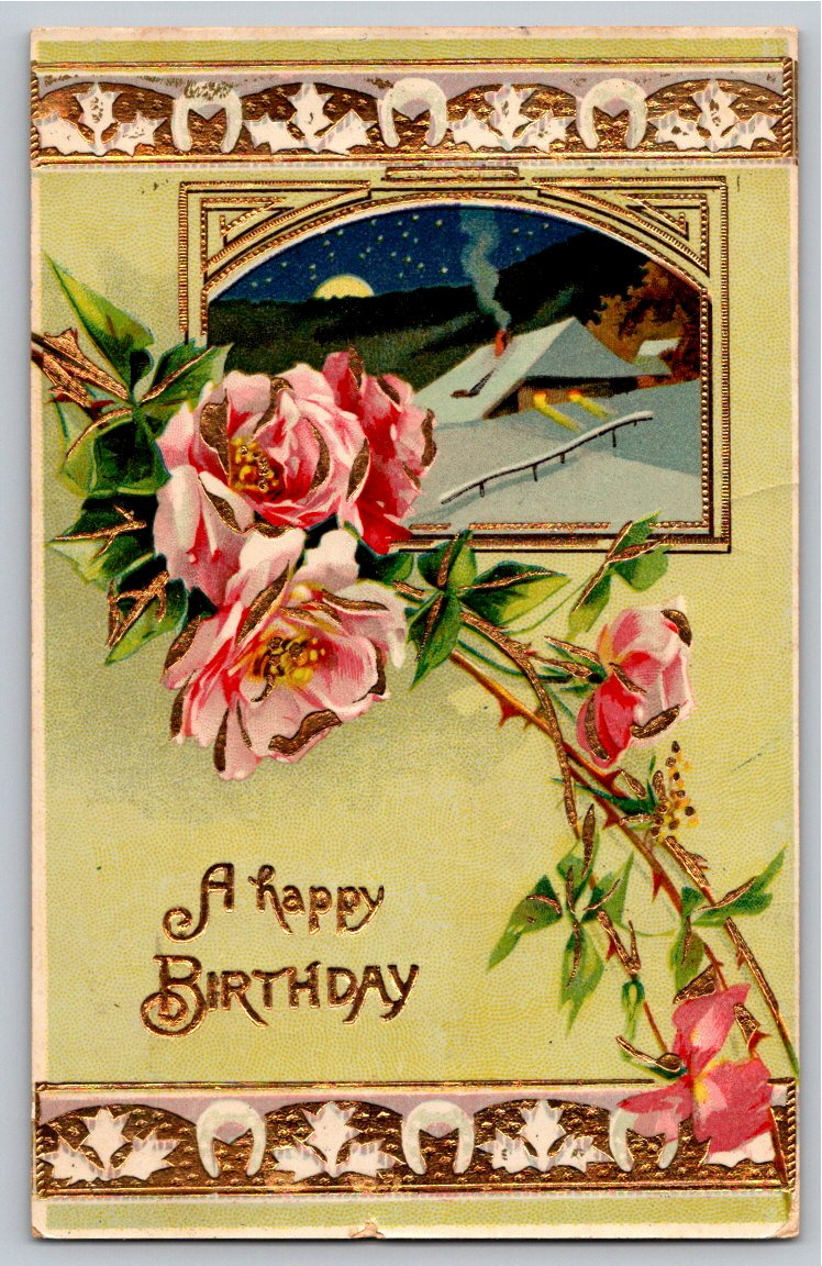 1900s Embossed Pink Roses & Winter Cottage Birthday Postcard