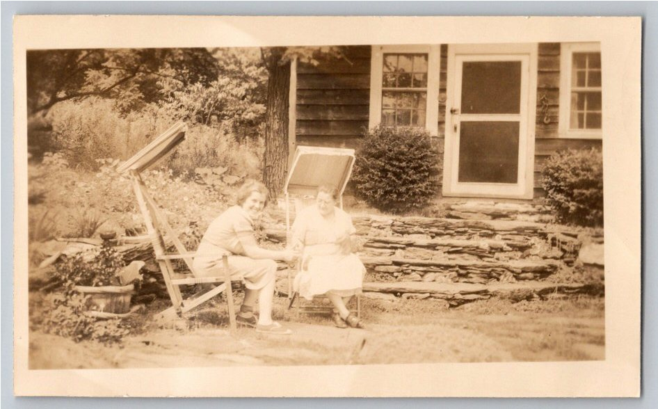 Vintage 1940 Sepia Photo: Women Relaxing in Garden Canopy Chairs