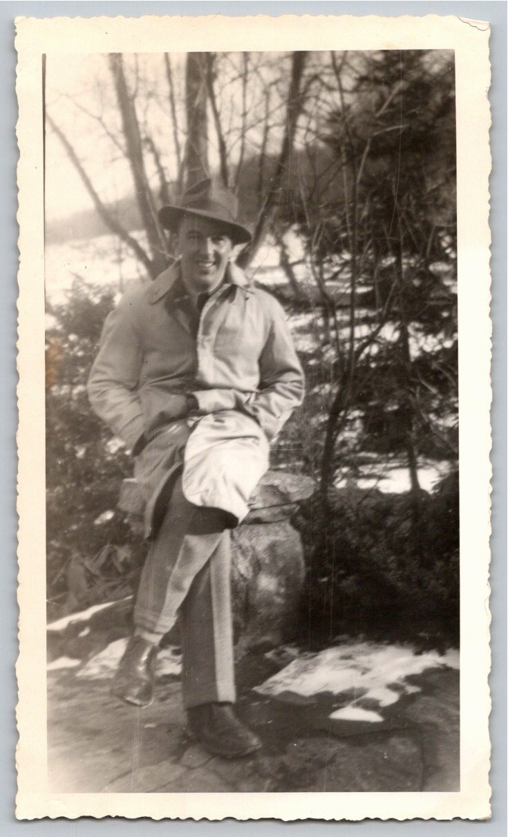 1940s Vintage Black & White Snapshot: Man in Fedora & Trench Coat