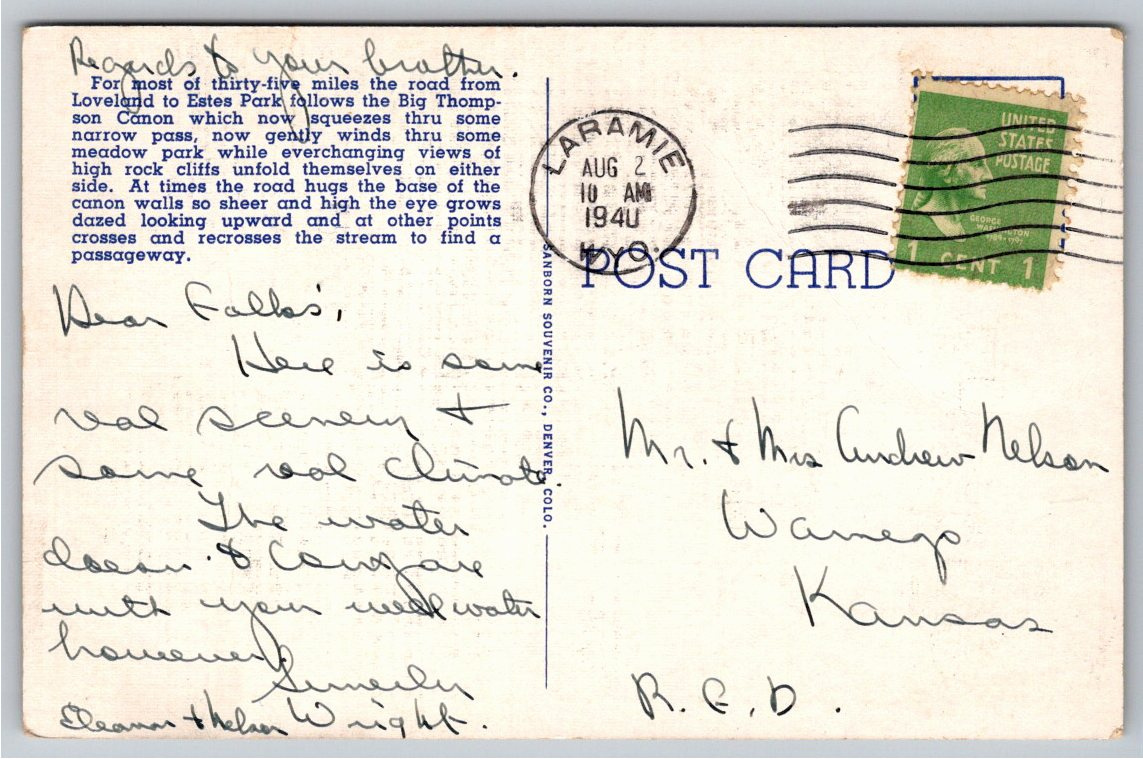 1940 Big Thompson Canyon Highway Estes Park Colorado Vintage - Back / Reverse View
