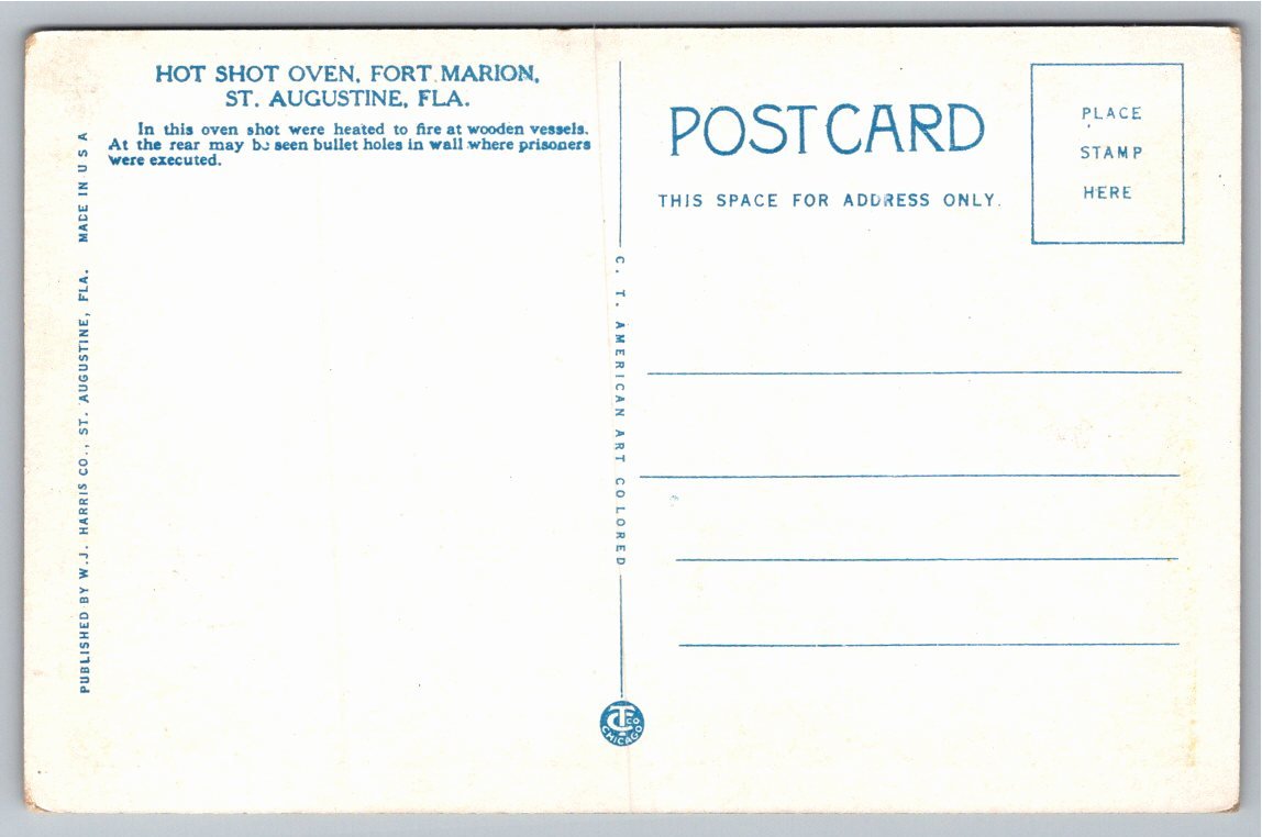 Vintage Postcard: Hot Shot Oven at Fort Marion, St. Augustine - Back / Reverse View