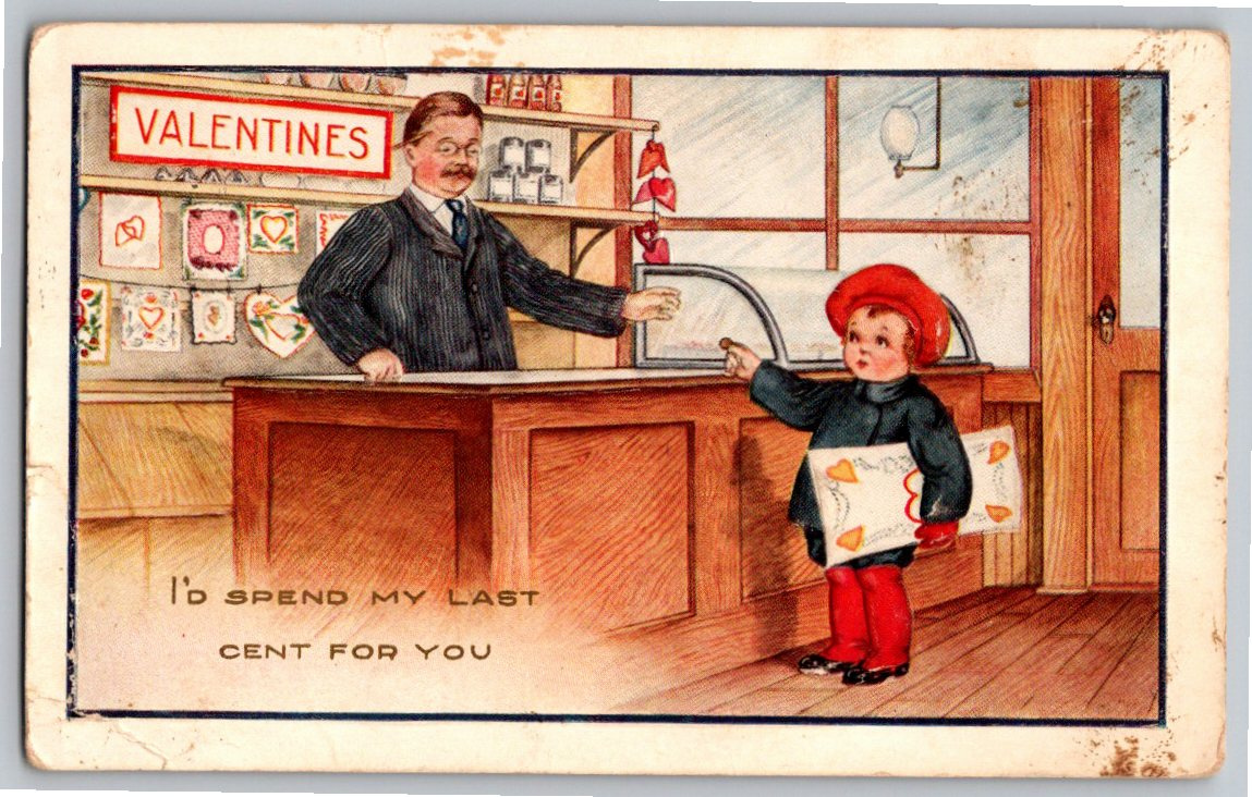 1917 Antique Valentine Postcard: Whitney Made Store Counter Scene