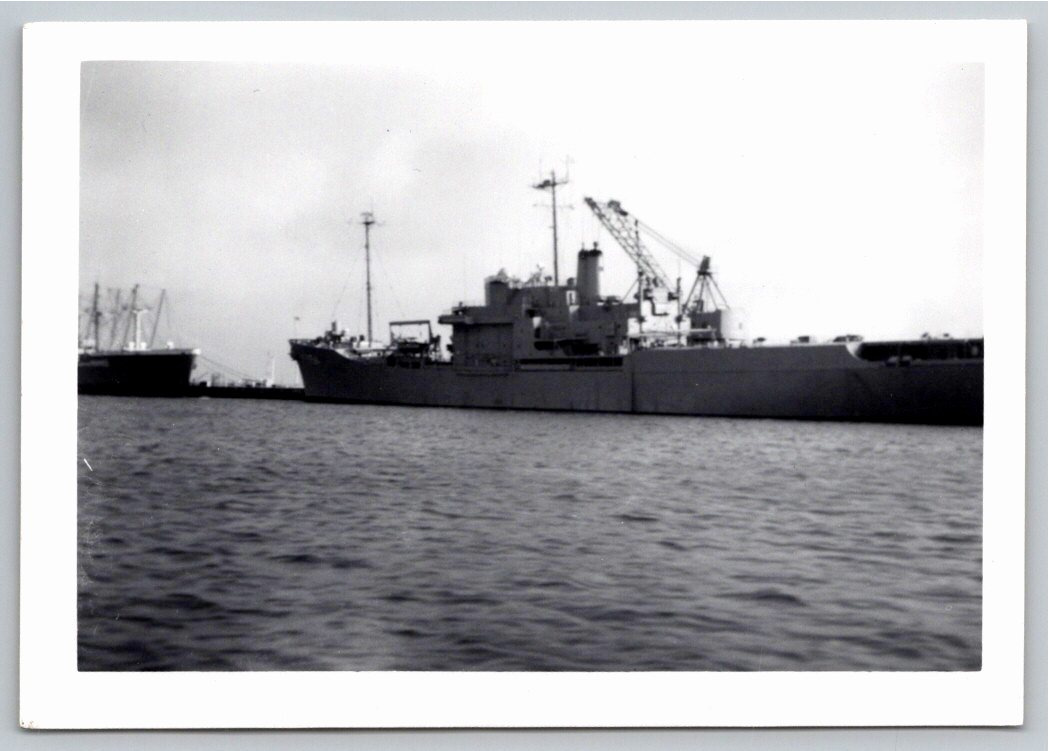 1950s US Navy Ship Docked in Harbor Vintage Black & White