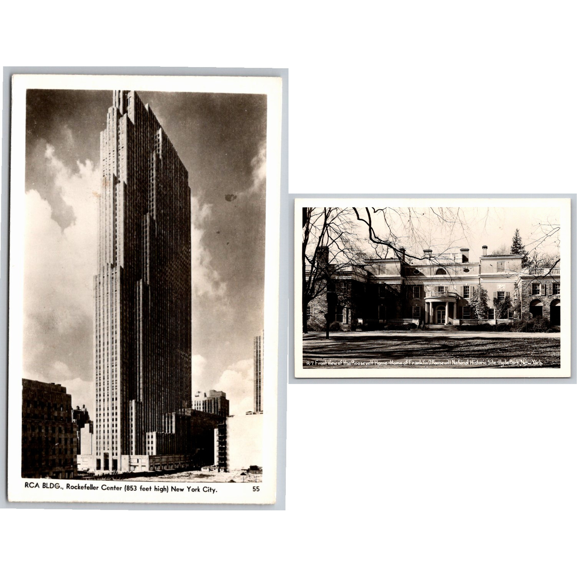 1940s Mid-Century Linen Postcards: RCA Building & FDR Springwood
