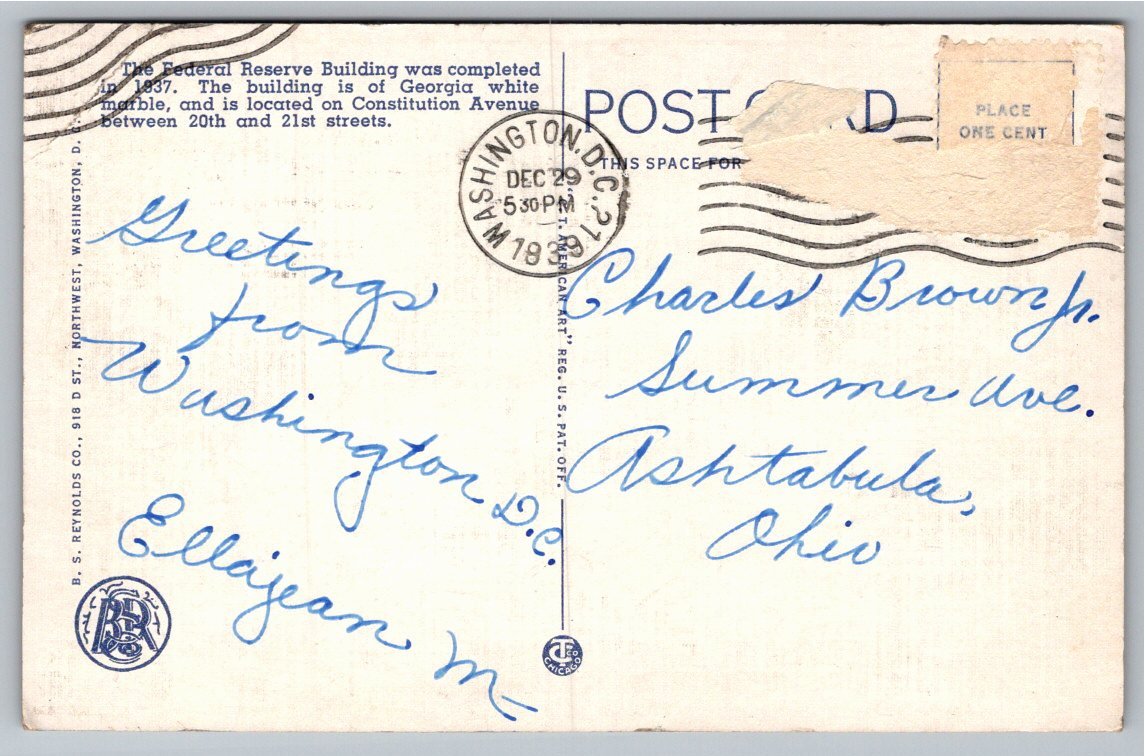 Vintage 1938 Federal Reserve Building Washington DC Linen - Back / Reverse View