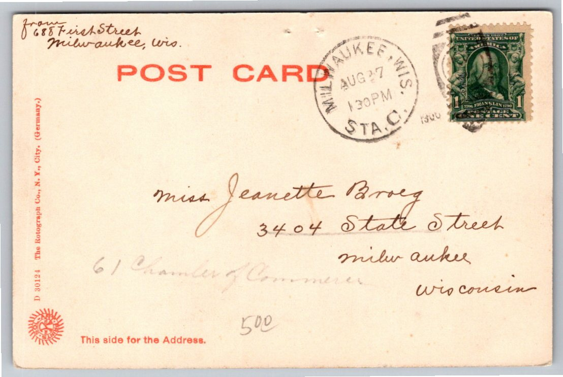 Vintage 1906 Milwaukee West Side High School Undivided Postcard - Back / Reverse View