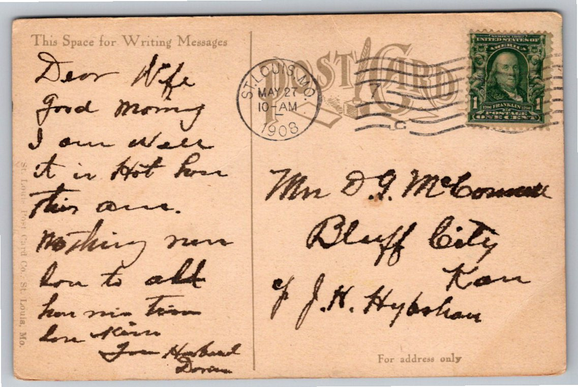 1908 St. Louis Riverboat Postcard Excursion Steamer Corwin H - Back / Reverse View