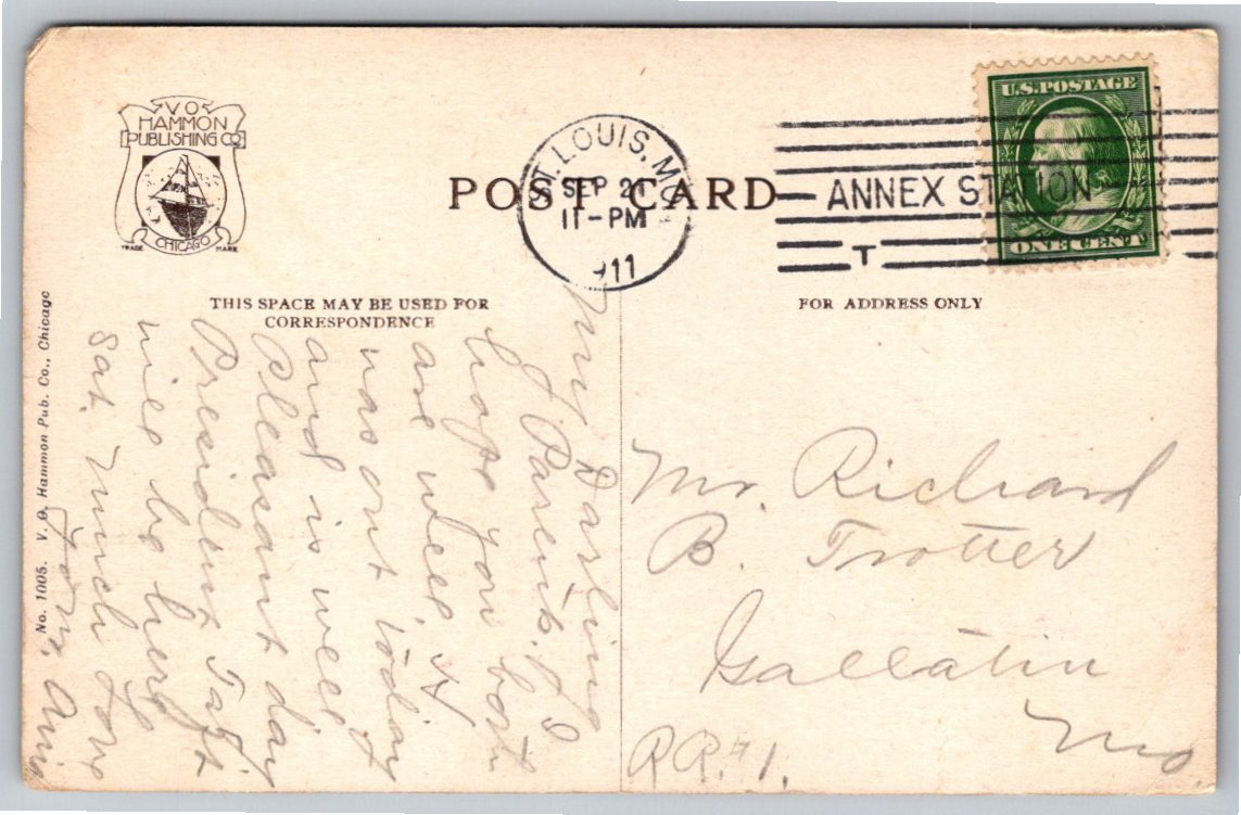 1911 D.R. Francis Mansion Postcard: Historic St. Louis Estate - Back / Reverse View