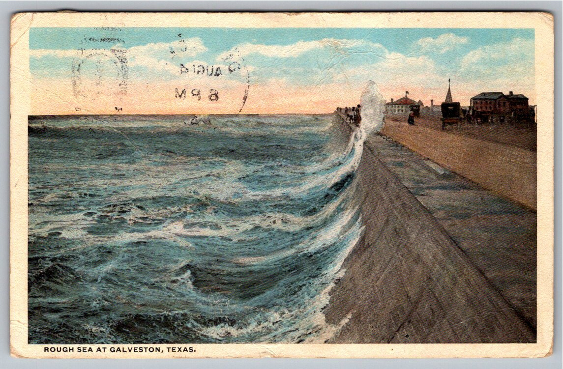 1917 Galveston Texas Seawall Crashing Waves Vintage Postcard