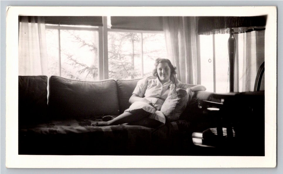 Vintage 1939 Snapshot Photo: Woman Relaxing on Honeymoon Sofa