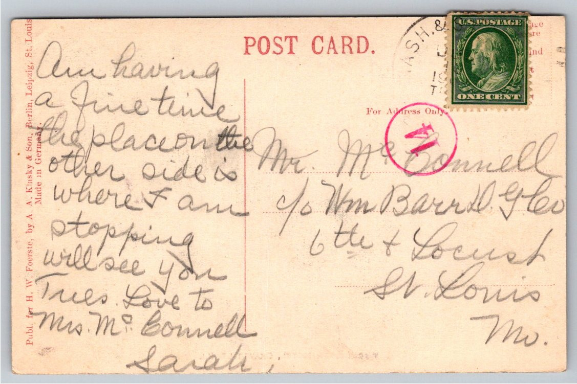 1908 Washington Hotel Okawville Illinois Vintage Divided Back - Back / Reverse View