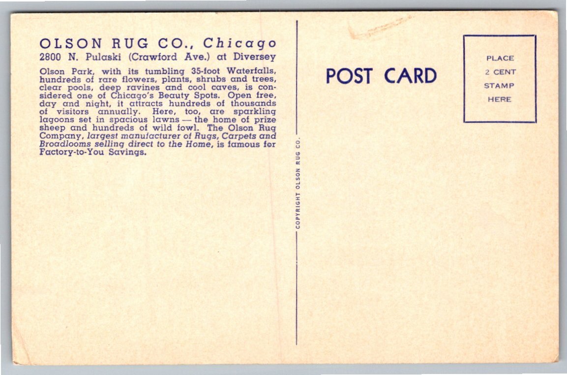 Vintage Chicago Olson Rug Factory Waterfalls & Park Postcard - Back / Reverse View